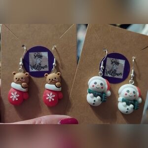 Hand Crafted Snowman or Cat in Mitten Earrings